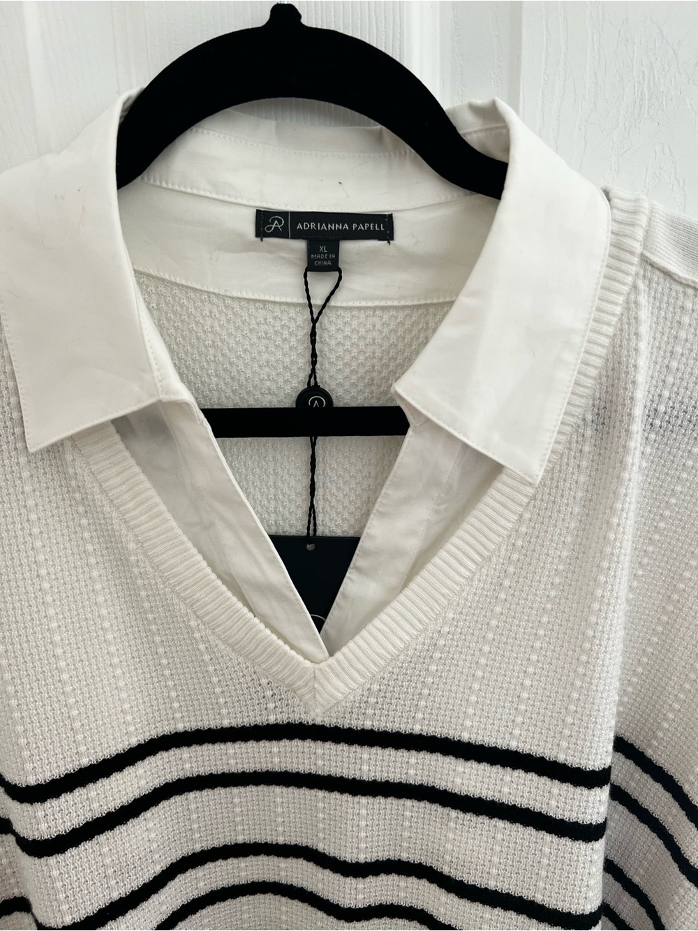 Adrianna Papell White V-Neck Layered Sweater with Black Stripes - Picture 5 of 14